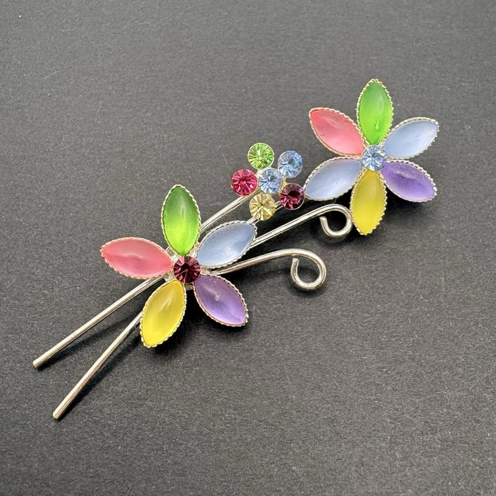 Vintage Floral Flower Pastel Rhinestone Brooch Silver Tone Dainty
